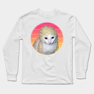 Cat With Spaghetti On Its Head Vaporwave Long Sleeve T-Shirt